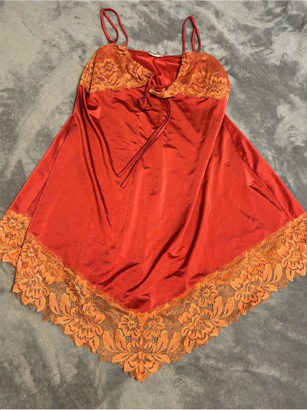 Free People Rust Red Satin Chemise with Orange Lace Trim